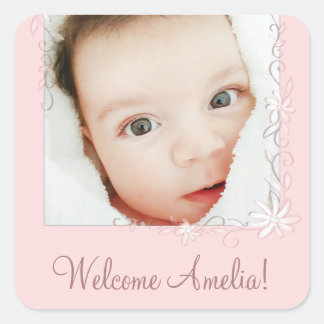 Roze Baby Geboorteaankondiging Vintage Vierkante Sticker