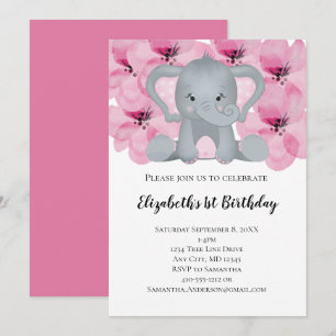 Roze Baby Girl Elephant Flowers Floral Cute Kaart