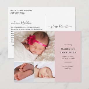 Roze Baby Girl Multi-Photo Newborn Announcement Briefkaart