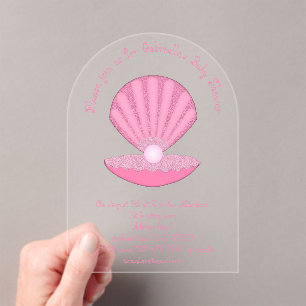 Roze Baby Girl Oyster shell en Pearl Baby shower Acryl Uitnodigingen