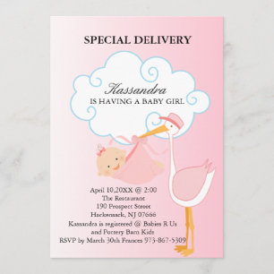 Roze Baby Girl Stork Baby shower Uitnodiging