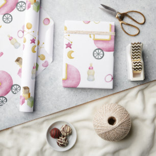 Roze Baby Girl Waterverf Thema Baby shower Cadeaupapier