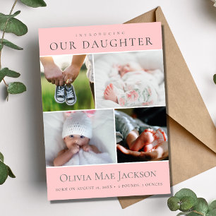 Roze Baby Meisje 4 Foto Collage Geboorte Aankondiging