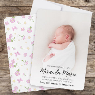 Roze Baby Meisje Bloemen Foto Aankondiging Geboort