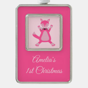 Roze Baby Meisje Fox Custom 1e Kerstmis Verzilverd Kader Ornament