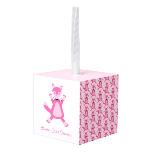  Roze Baby Meisje Fox Custom Eerste Kerstmis Kubus Ornament (Achter hoekig)