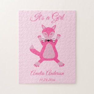 Roze Baby Meisje Fox Geboorte Aankondiging Legpuzzel