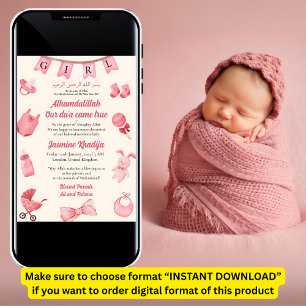 Roze Baby Meisje Kleding Moslim Geboorte Aankondig Kaart