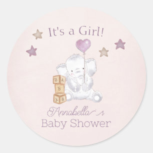Roze Baby Meisje Olifant en Ballon Waterverf Ronde Sticker