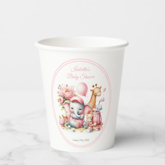 Roze Baby Meisje Olifant & Giraffe Golf Baby showe Papieren Bekers (Voorkant)