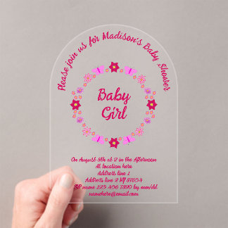 Roze Baby Meisje Vlinders en Bloemen Baby shower Acryl Uitnodigingen