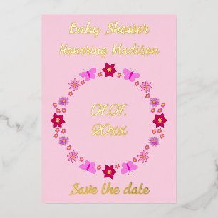 Roze Baby Meisje Vlinders en Bloemen Baby shower Folie Feestdagenkaart