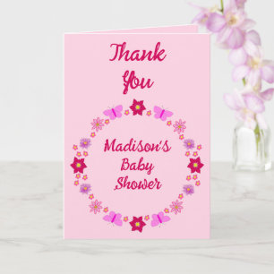 Roze Baby Meisje Vlinders en Bloemen Baby shower Kaart