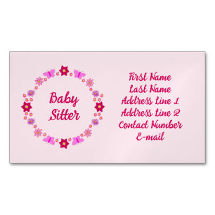 Roze Baby Meisje Vlinders en Bloemen Babysitter Magnetisch Visitekaartje