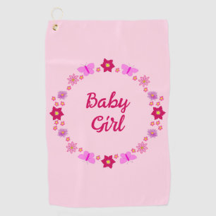 Roze Baby Meisje Vlinders en Bloemen Custom Golfhanddoek