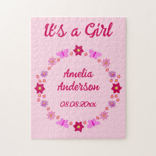 Roze Baby Meisje Vlinders en Bloemen Custom Legpuzzel