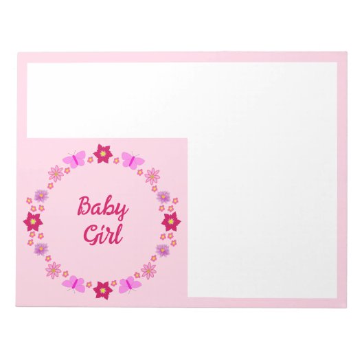 Roze Baby Meisje Vlinders en Bloemen Custom Notitieblok (Voorkant)