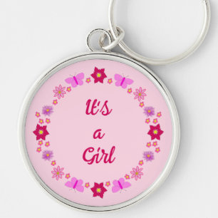 Roze Baby Meisje Vlinders en Bloemen Custom Sleutelhanger