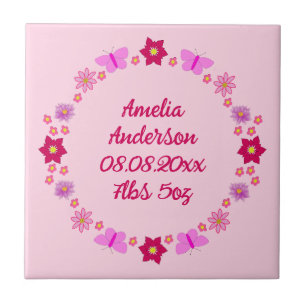 Roze Baby Meisje Vlinders en Bloemen Custom Tegeltje