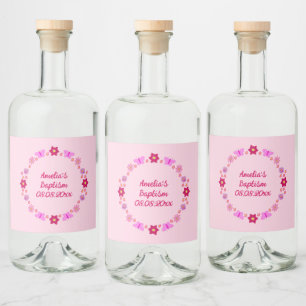 Roze Baby Meisje Vlinders en Bloemen Doop Likeurfles Etiket