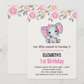 Roze Baby Olifant en Rozen Border Birthday Kaart (Voorkant / Achterkant)