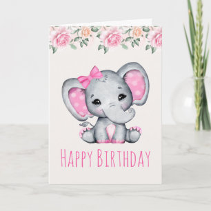 Roze Baby Olifant en Rozen Rand Verjaardag Kaart