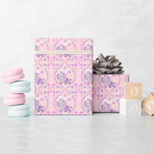 Roze Baby Olifant Met Duif En Doopkruis Cadeaupapier