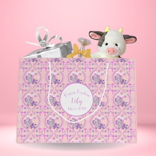Roze Baby Olifant Met Duif En Doopkruis Groot Cadeauzakje