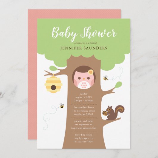 Roze Baby Owl in de Uitnodiging van de Boom (Voorkant / Achterkant)