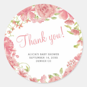 Roze baby shower bedankje met bloemmotief ronde sticker