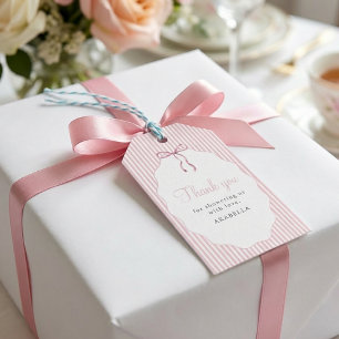Roze baby shower bedankjes met zoete gestreepte st cadeaulabel