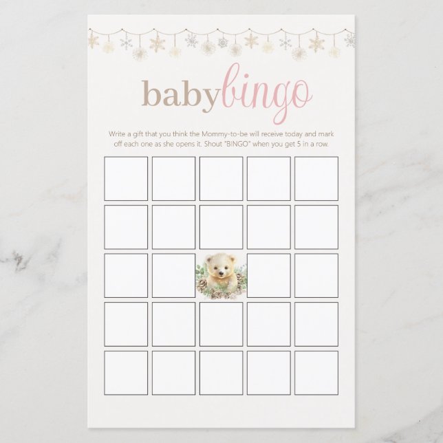 Roze Baby shower Bingo Party Game Winter Boho Beer (Voorkant)