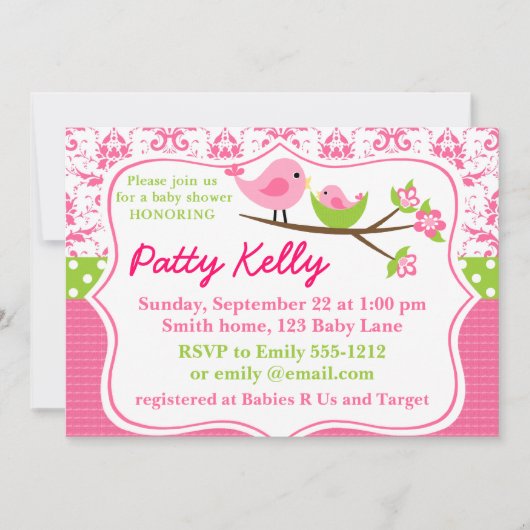 Roze Baby shower Damask Kaart (Voorkant)