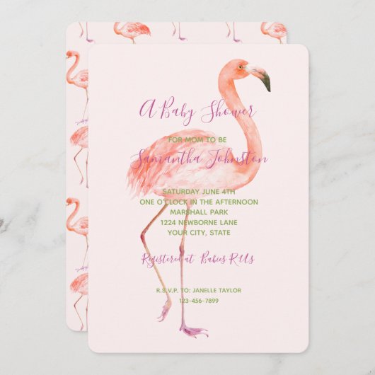 Roze Baby shower Flamingo Kaart (Voorkant / Achterkant)
