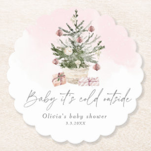 Roze baby shower met kerstboom voor de winter kartonnen onderzetters