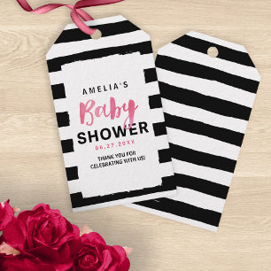 Roze Baby shower met zwarte en witte strepen Cadeaulabel