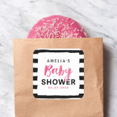 Roze Baby shower met zwarte en witte strepen Vierkante Sticker