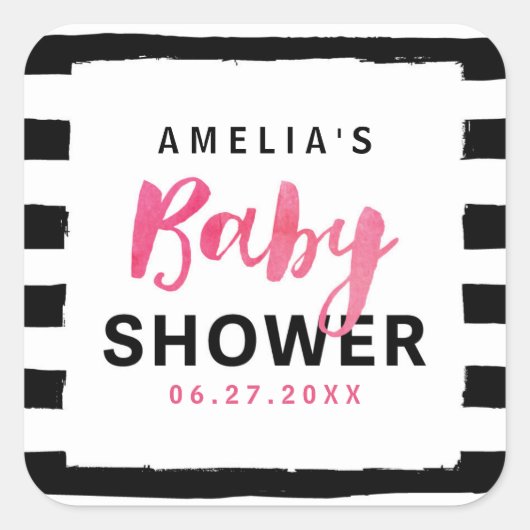 Roze Baby shower met zwarte en witte strepen Vierkante Sticker (Voorkant)