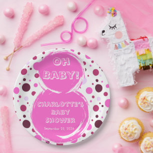 Roze baby shower papieren borden met polka stippen bordje