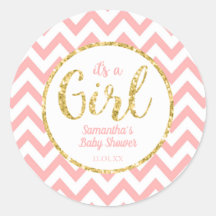 Roze Baby shower Round Sticker | Chevron en Gold