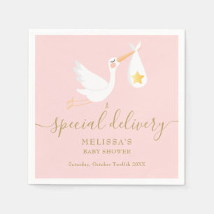 Roze Baby Shower Speciale Levering Ooievaar Gouden Servet