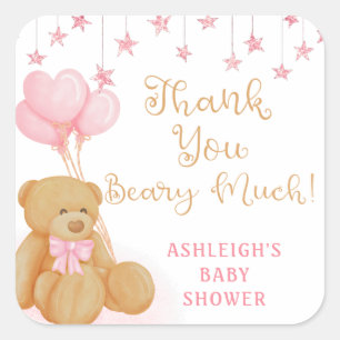 Roze Baby shower Teddy Bear Balloons Dank u Vierkante Sticker