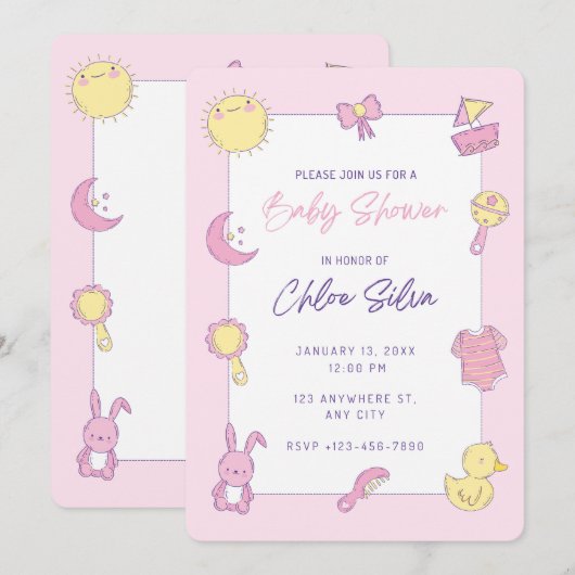 Roze Baby shower Uitnodiging (Voorkant / Achterkant)