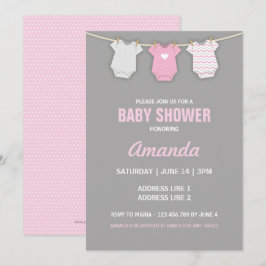 Roze Baby shower Uitnodiging, Clothesline Thema Kaart