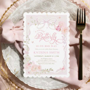Roze baby shower uitnodiging met vlindertje