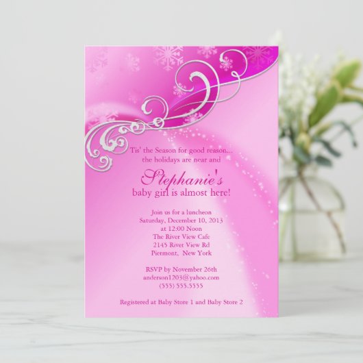Roze Baby shower Uitnodiging Wintersneeuwvlokken (Staand voorkant)