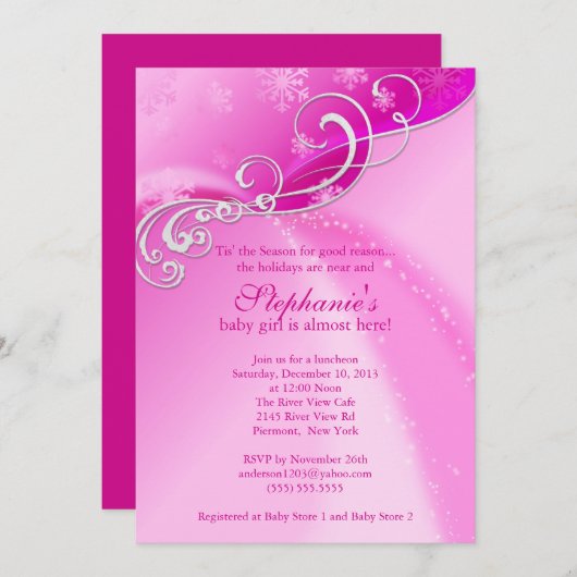 Roze Baby shower Uitnodiging Wintersneeuwvlokken (Voorkant / Achterkant)