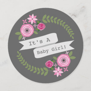 Roze Baby shower van de Floral Wreath & Banner Gir Kaart