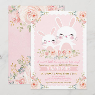 Roze Baby shower van Floral Bunny Girl/Cute Rabbit Kaart