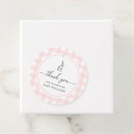 Roze Baby shower van Gingham Bunny Rabbit Bedankjes Labels (In situ)